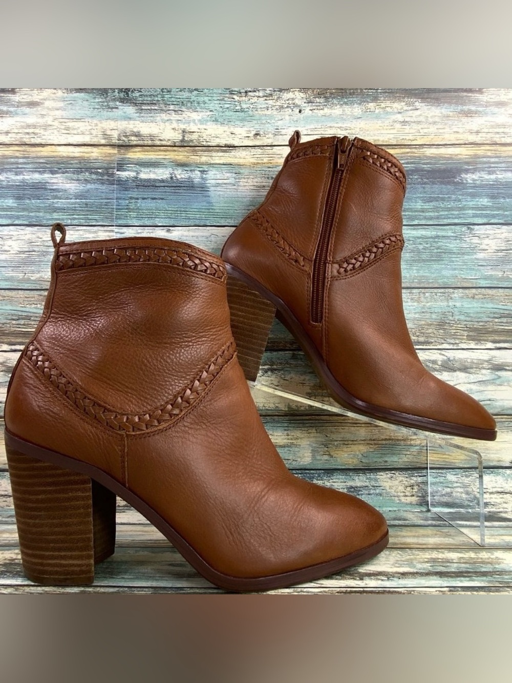 Aldo Brown Leather Heeled Ankle Boot Bootie Zip Up Stacked Block Heel Womens 9M